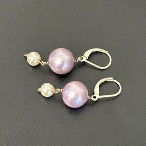 Lovely Pierced Earrings Silver Tone Faux Pearls & Pearled Purple Beads